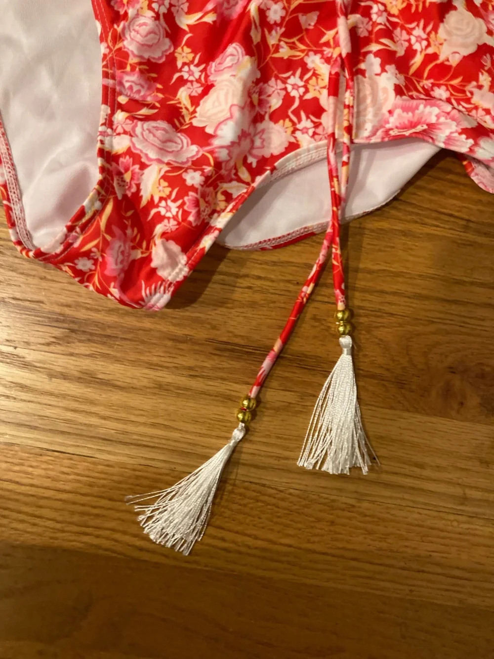Red Floral One-Piece Swimsuit with Tassel Detail L NWOT